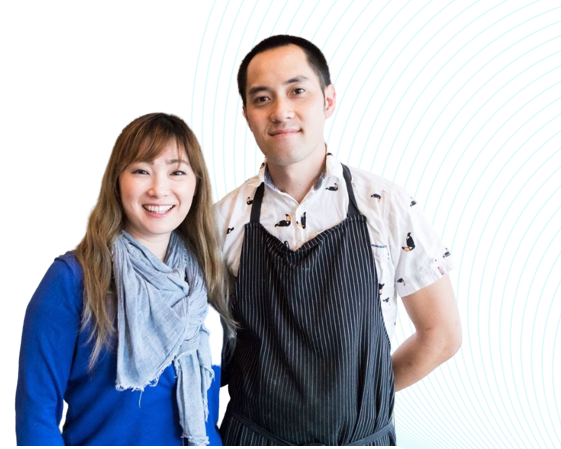Headshot of Yuka Ioroi next to co-founder and executive chef Kris Toliao